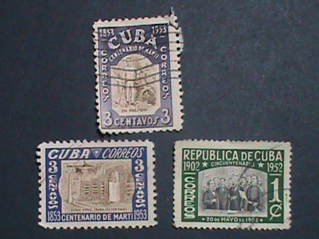 ​CUBA-1952 BIRTH PLACE OF JOSE MARTI THREE VERY OLD CUBA USED STAMP-VERY FINE