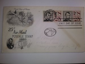 SCOTT #C59 FIRST DAY OF ISSUE DOUBLE TWENTY FIVE CENT LINCOLN AIR MAIL ART CRAFT