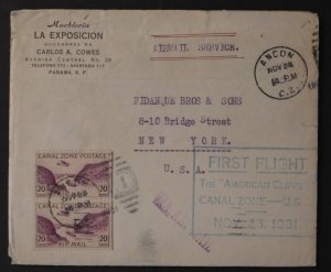 1931 Ancon Canal Zone First Flight Cover FFC To New York USA American Clipper