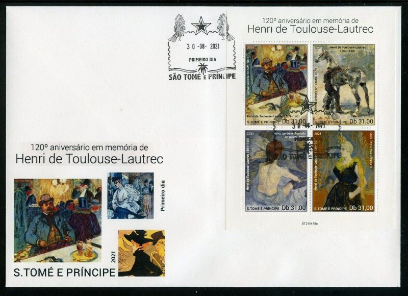 SAO TOME 2021 120th MEMORIAL OF HENRI TOULOUSE-LAUTREC PAINTINGS SHEET FDC