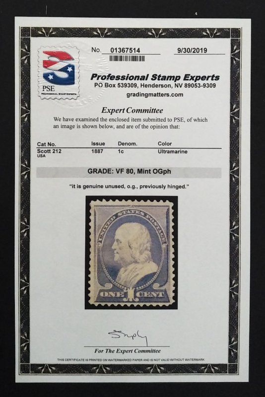 United States 212 VF MH OG ** See Certificate **