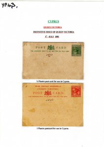 CYPRUS QV Unused Postal Stationery Cards{2} 1881 1pi & ½pi Postcard YP43