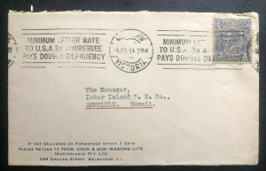 1934 Melbourne Australia Slogan Cancel Cover To Honolulu Hawaii Letter Rate