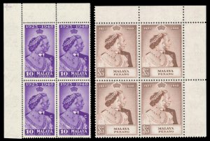 Malaya Penang 1948 KGVI Silver Wedding set in blocks superb MNH. SG 1-2. Sc 1-2.