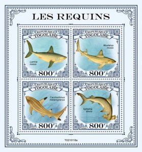 Togo - 2021 Sharks, Porbeagle, Scalloped Hammerhead - 4 Stamp Sheet - TG210118a