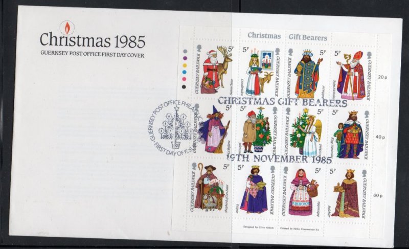 Guernsey Sc 319 1985 Christmas Gift Bearers stamp sheet on FDC