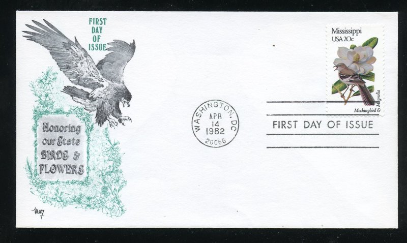 US 1976 Mississippi Mockingbird Magnolia UA Marg cachet FDC 