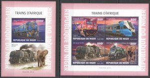 HM1825 2018 NIGER AFRICAN TRAINS RAILROADS ELEPHANTS TRANSPORT #6205-8+BL943 MNH