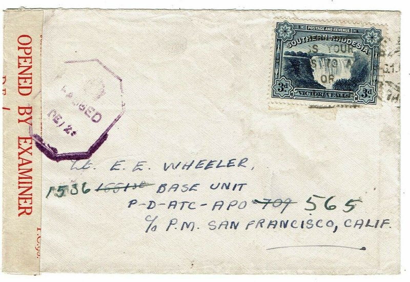 Southern Rhodesia 1943 Salisbury cancel on cover to APO 709, re-directed, censor