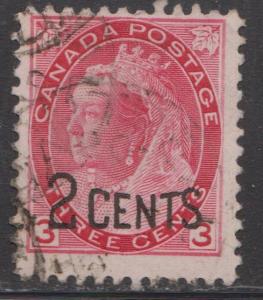 CANADA Scott # 88 - Used - 2 Cent Queen Victoria Overprint On Numeral Issue