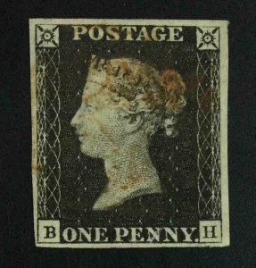 MOMEN: GREAT BRITAIN SC #1 PENNY BLACK 1840 IMPERF USED LOT #63602