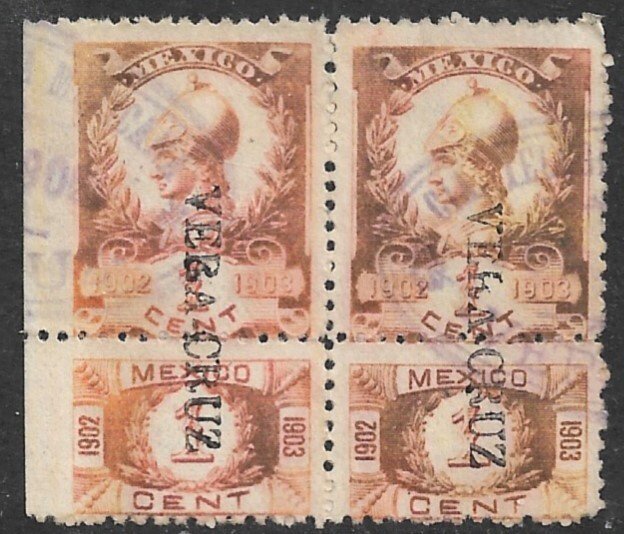 MEXICO 1902-03 1c Helmeted Athena Internal Revenue Pair R213 w Talon VERA CRUZ