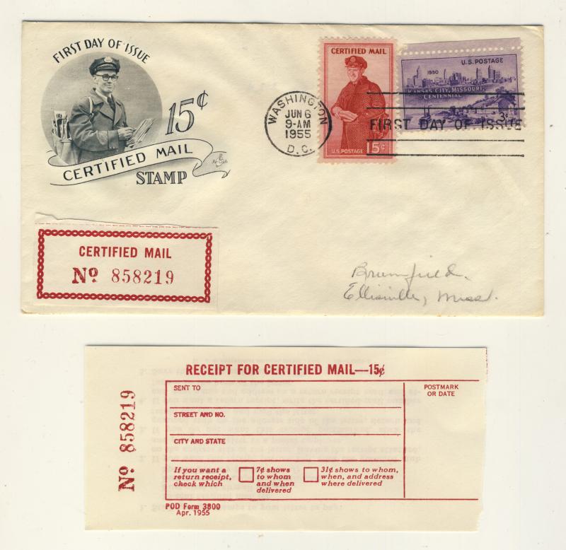 US - 1955 Scott FA1 FDC (+ 994) 15c Certified Mail (+receipt) Art Craft Cachet =