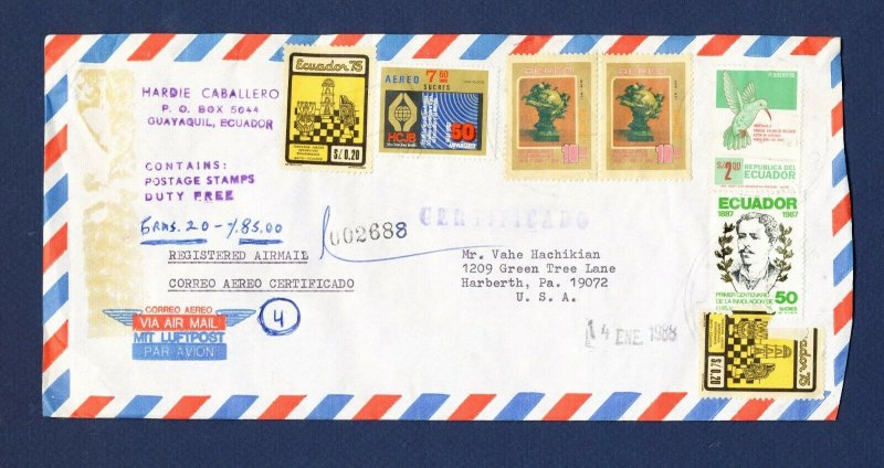 ECUADOR - # 896 large multiple & other stamps on Registered cover to USA - 1988 