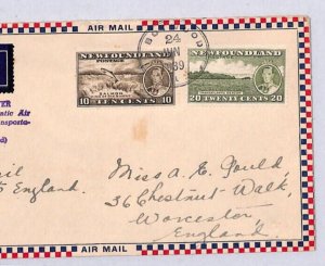 Canada NEWFOUNDLAND KGVI Air 1939 TRANS-ATLANTIC FIRST FLIGHT Cover Worcs YN8