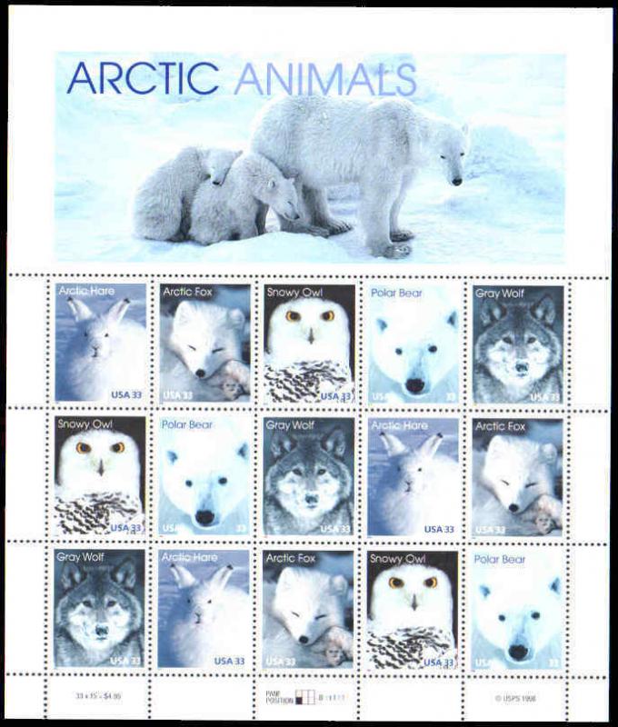 Arctic Animals Sc 3288-3292 33¢ Sheet of 15 MNH Polar Bear Owl Rabbit Wolf 