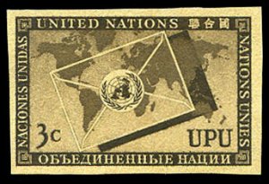 United Nations #17P, 1953 UPU, 3c black brown, imperf. plate proof on printer...