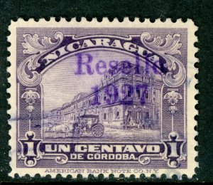 Nicaragua 1927 Cathedral Provisional 1¢ Violet w/Ditto Ink OP VFU V247