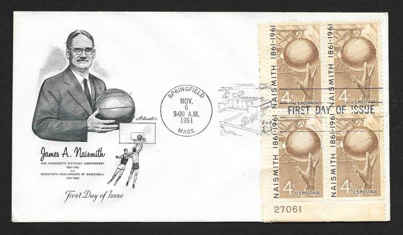 UNITED STATES FDC 4¢ Basketball PLATE BLOCK 1961 Artmaster