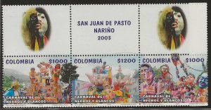 Colombia 2003, Scott 1202, Carnival in San Juan de Pasto, Nariño, strip of 3