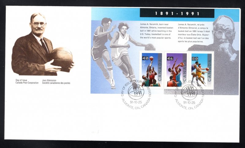 1344, Scott, cachet FDC, souvenir sheet of 3, Basketball, Canada, 1991, Oct 25