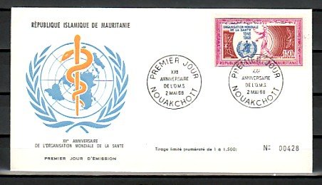 Mauritania, Scott cat. C76. W.H.O. Anniversary issue. First day cover. ^