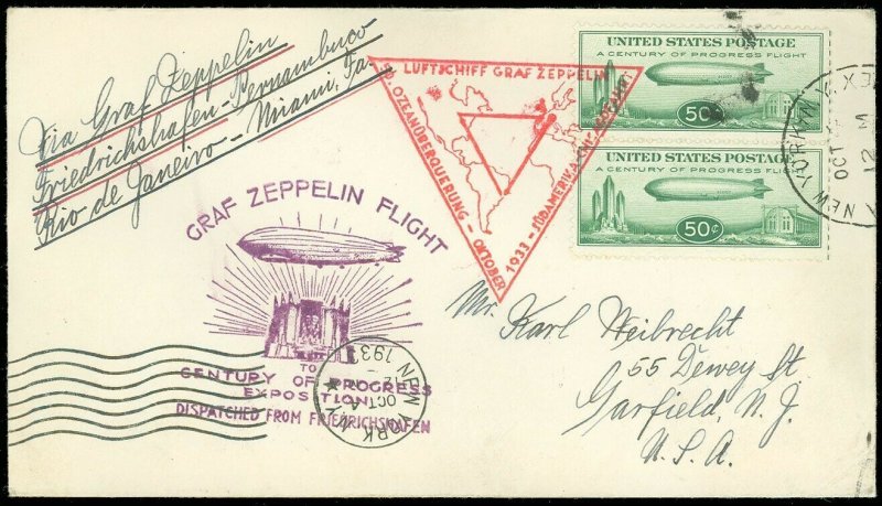 10/4/33, SIEGER 241C GRAF ZEPPELIN, CENT of PROGRESS, NY-RIO-GERMANY, #C18 PAIR!