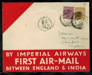 1929 INdia First flight cover FFC Imperial Airways to England