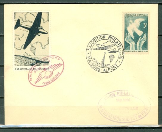 FRANCE PARACHUTING MAIL PARIS EXPO 1946..SOUV. ENVELOPE...GREEN LABEL