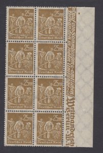 Germany Sc 225, Mi 243 MNH. 1923 25m ochre Farmers, margin block of 8, fresh, VF