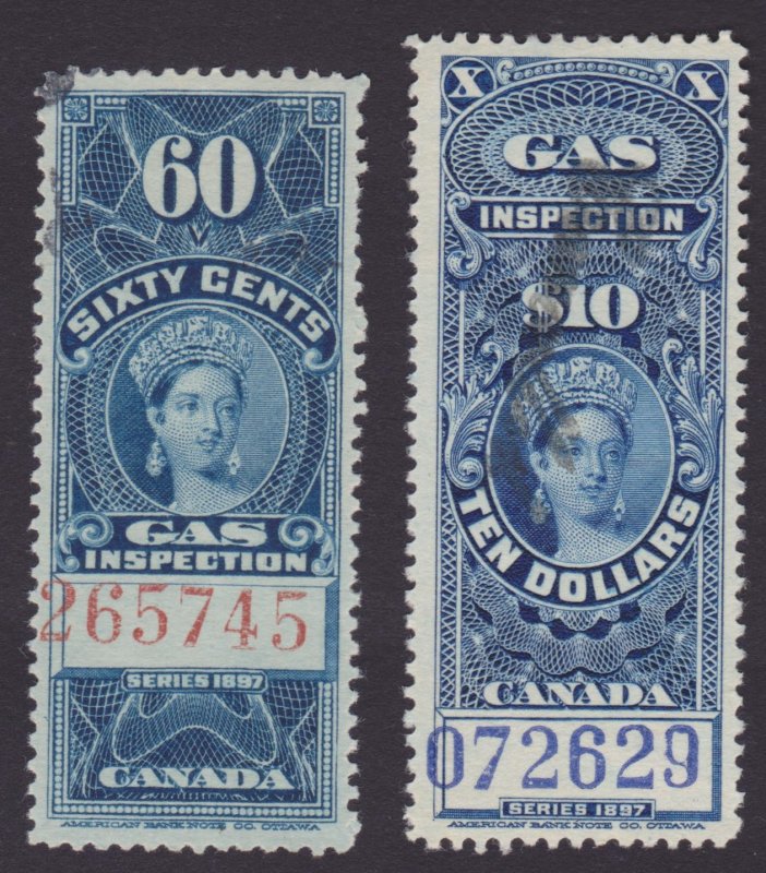 2 x Canada Gas Inspection revenue stamps 60c and $10