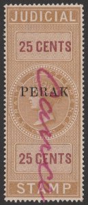 MALAYA - Perak ca1884 'PERAK' on QV Judicial 25c revenue, seriffed,