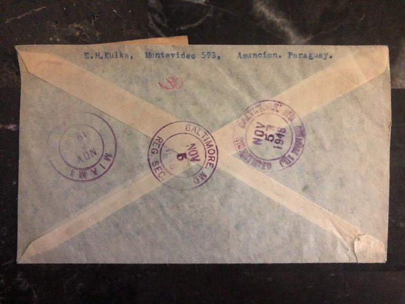 1948 Asuncion Paraguay Registered Airmail Cover To Baltimore MD USA B