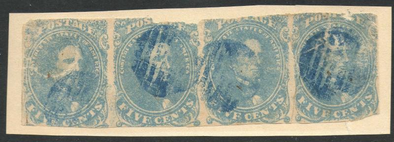 CSA Scott #4 Strip of 4 on Piece, Rare Usage - Blue Grid Cancels