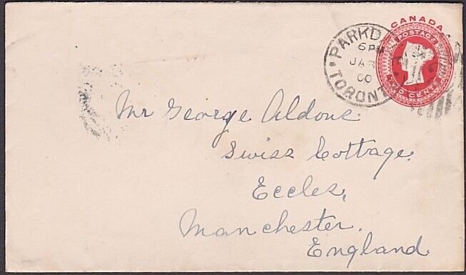 CANADA 1900 QV 2c envelope used Parkdale Toronto to Manchester UK..........A1691