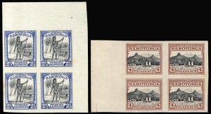 Cook Islands #76-77P, 1932 2 1/2d and 4d imperf. sheet margin blocks of four,...