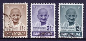 INDIA — SCOTT 203//205 (SG 305//307) — 1948 GANDHI ISSUE — USED — SCV $9.25