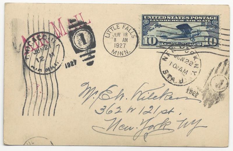 LINDBERGH Cover FDC Postcard Little Falls, MN June 18, 1927 to New York, NY