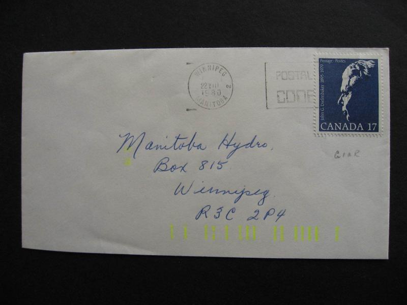 CANADA Sc 859 17c Diefenbaker 1 bar tag error G1aR on cover! Check it out!