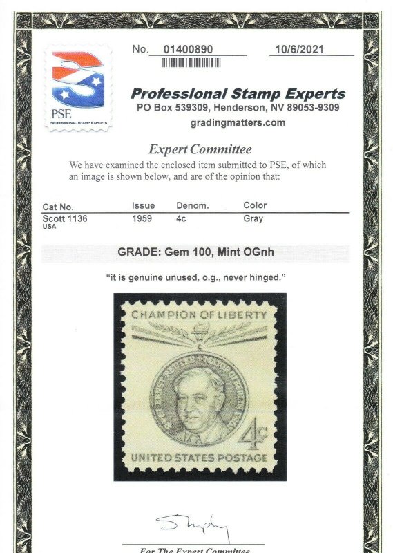 MOstamps - US #1136 Mint OG NH graded 100 with PSE cert -Lot # MO-3260 SMQ $200