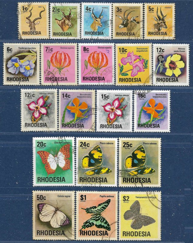 Rhodesia sg 489-508 used 1974-6 set of 20 Wild Animals-Flowers-Buterflies