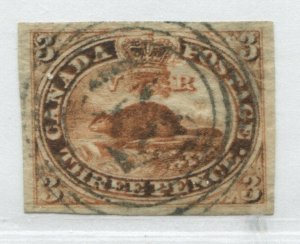 Canada 1852 3d red imperf Beaver with choice 4 large margins lightly used