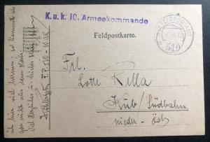 1918 Austria KuK 10 armeekommando Feldpost WW1 Postcard Cover To Kiel