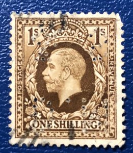 Great Britain scott 200 King Edward VII 1 Shilling used H.M. & S. Perforated
