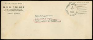 NOV 5 1946 NAVY DEPT USS PCE 870 Penalty Env. C/C, HAWAII SEA FORCES Cancel FREE