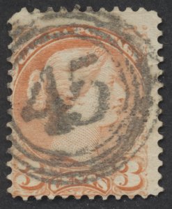 Canada #37 3c Small Queen 4-Ring Numeral '45' Cancel Stanstead