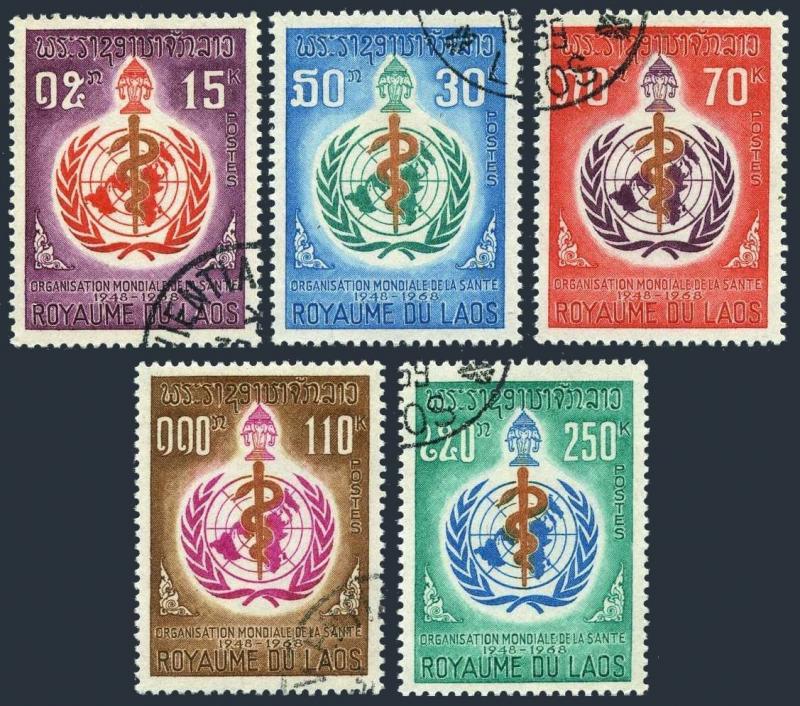 Laos 163-167,CTO.Michel 230-234. WHO,20th Ann.1968.Emblem.