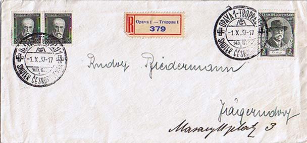 Czechoslovakia 50h Masaryk (2) and 2K Masaryk Death 1937 Opava 1 - Troppau 1,...