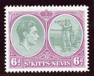 St Kitts-Nevis 1947 KGVI 6d ordinary paper P14 superb MNH. CW 13c. SG 74c var.