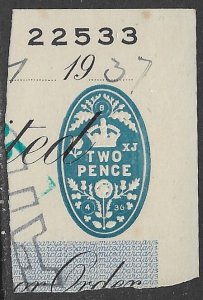 GREAT BRITAIN 1936 2d Cheque Duty Embossed Revenue Booth 640 (4.36) XJ VFU